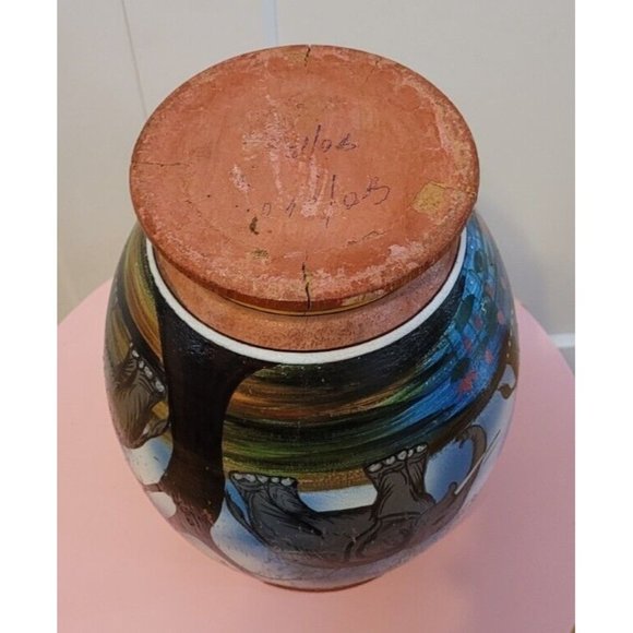 Marked Elephant Painted Wood Vase 11.5 Inch Multiple Elephants Red Yellow - Picture 12 of 16